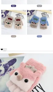 Detailed close-up of cute deer knitted convertible flip-top gloves for kids in multiple colors