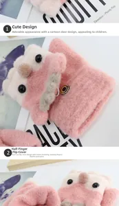 Close-up of children knit mittens featuring cute deer design and convertible flap cover