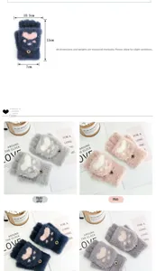 Detailed view of plush fingerless flip gloves with dimensions and four color options