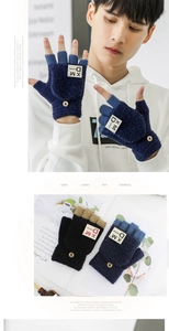 Detail view of men's knitted convertible mittens featuring navy and black leather patch