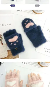 Detail of navy blue cat paw flip-top gloves showing plush knit texture and fingerless design