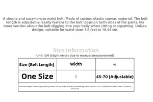 Size information and dimensions chart for adjustable elastic stretch belt for jeans