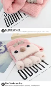 Close-up of pink plush cartoon gloves with 3D reindeer design and knit texture