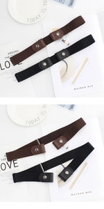 Close-up of adjustable elastic lazy belts with leather ends and metal snap buttons