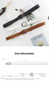 Size guide for multi-hole waist belt showing 105cm length and 2.8cm width specifications