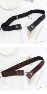 Detail view of black and brown elastic no-show belts with leather ends and snap buttons