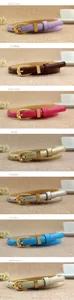 Detail of skinny leather belts in multiple colors with vintage gold horseshoe buckles