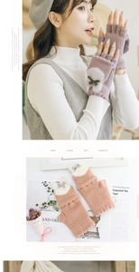 Close-up of pink knit fingerless gloves with soft white fur pom and elegant bow detail