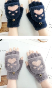 Detail of plush convertible fingerless gloves with cute cat paw heart design in navy and grey