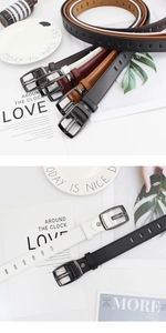 Detail shot of multi-color minimalist slim waist belts with vintage metal buckles