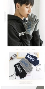 Detail view of knitted touchscreen gloves with XMD letter patterns in black, grey, and navy