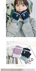 Détail de gants tricotés convertibles avec broderie ours mignonne et boutons de fixation