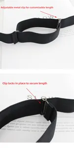 Detail view of the adjustable metal clamp and elastic black strap on an invisible belt