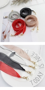 Detail of elegant chiffon waist rope with pearl pendants in four different colors