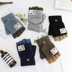 Men Knitted Flip Top Gloves Winter Warm Acrylic Half Finger Mitten For Typing Office Work Casual Fashion Apparel
