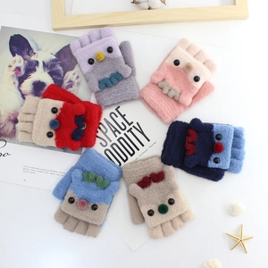 Cute deer flip-top knitted gloves for kids in six colors with cartoon design and plush texture