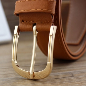 Minimalist brown PU leather belt for women featuring a polished gold pin buckle decoration