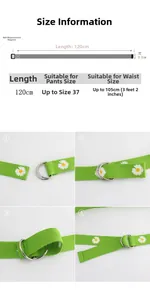 Size guide for daisy embroidered canvas belt showing 120cm length and D-ring buckle