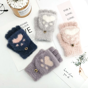 Cute Cat Paw Flip Top Half Finger Plush Gloves For Women Students Winter Warm Knitted Faux Mink Fur Mitten Daily Wear