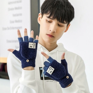 Men's dark blue knitted convertible mittens for typing and warmth in office use