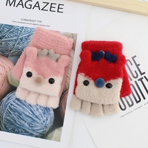 Cute deer-themed convertible knitted fingerless gloves for kids in pink and red tones
