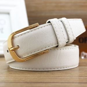 Women's white PU leather belt with gold metal U-shaped buckle and litchi texture