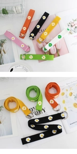 Detail of colorful canvas belts with daisy embroidery and double D-ring metal buckles