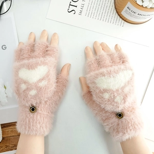 Pink plush convertible flip-top gloves with white cat paw patterns and button detail
