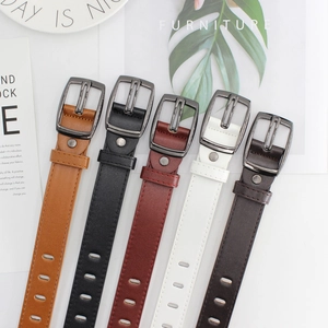 Women Vintage Faux Leather Belt With Oval Hollow Out Holes Electroplated Metal Buckle Solid Color Waist Strap Daily Accessory