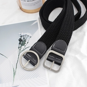 Women Fashion Elastic Belt PU Leather Alloy Round Square Buckle Woven Stretchy Waist Strap Solid Color Versatile Accessory