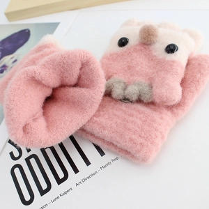 Pink deer knitted convertible gloves for kids with 3D cartoon animal pattern design