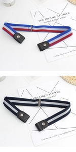 Detail view of elastic belts with striped webbing, leather ends, and silver metal snaps