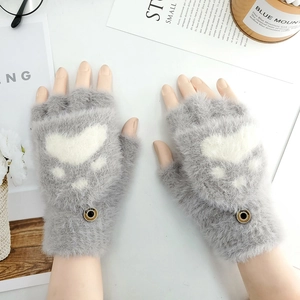 Cute grey plush cat paw fingerless gloves for women with wrist button detail