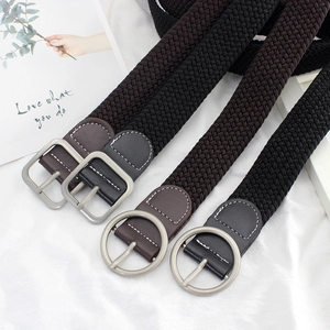 Elastic woven belts with square and round silver metal buckles in black and brown colors