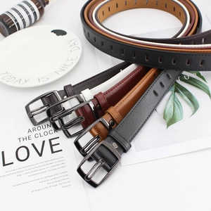 Set of four retro hollowed-out leather belts with matte metal buckles in varied colors