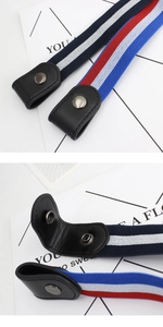 Detail of striped elastic no-buckle belt with metal snap closure and black leather ends