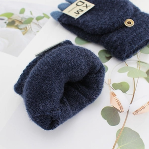 Thick navy blue knitted convertible mittens with button closure for typing and warmth