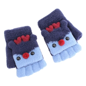 Cute deer knitted fingerless gloves for kids with flip top cover in navy blue