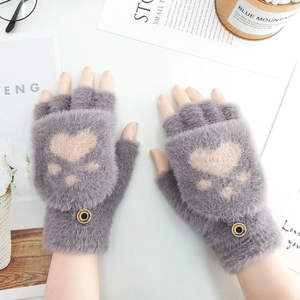 Cute gray plush convertible flip top mittens with pink cat paw design for winter warmth