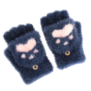 Cute cat paw plush fingerless flip top gloves in navy blue with pink prints