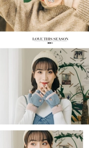 Détails des gants tricotés gris et rose avec rabat et broderie d'ours mignonne