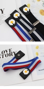 Close-up of elastic no-show belts with stripe pattern and 3D daisy floral decoration