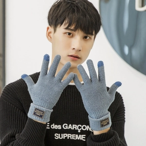 Men's blue-gray thermal knitted touchscreen gloves with elastic ribbed cuffs and logo