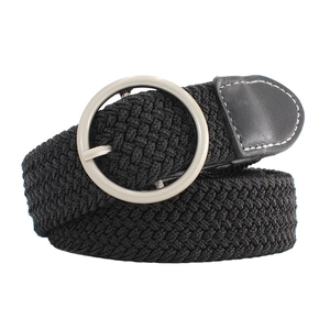 Women's black elastic woven belt with a silver round metal buckle on a white background