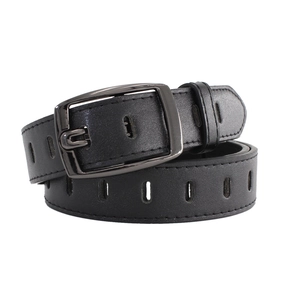 Classic black leather belt with hollow rectangular holes and dark gunmetal square buckle