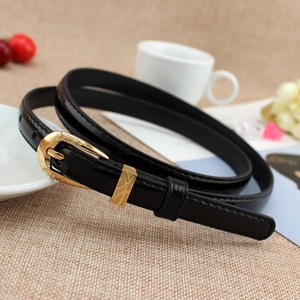 Elegant thin black patent leather belt for women with vintage floral gold buckle design