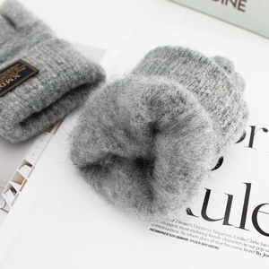 Men's gray knit gloves with thick plush thermal lining for winter warmth and comfort