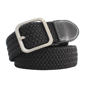 Women's black elastic woven belt with silver square buckle and leather trim detailing