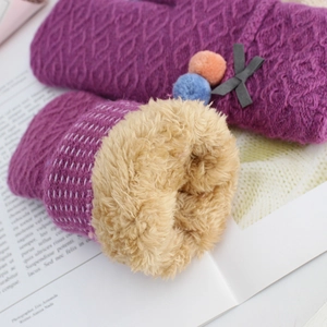 Purple diamond pattern knit winter gloves with warm faux fur lining and cute pompoms