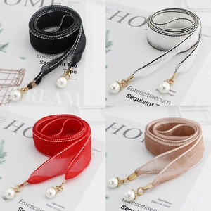 Women Chiffon Mesh Waist Rope Thin Belt With Faux Artificial Pearl Pendant Knot Waist Band For Dress Decoration Party Accessories